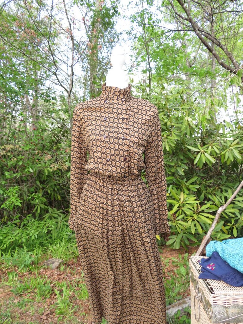 Vintage Jos. A. Bank Geometric Print Maxi Dress – Boho Retro 70s Style, 48” Long